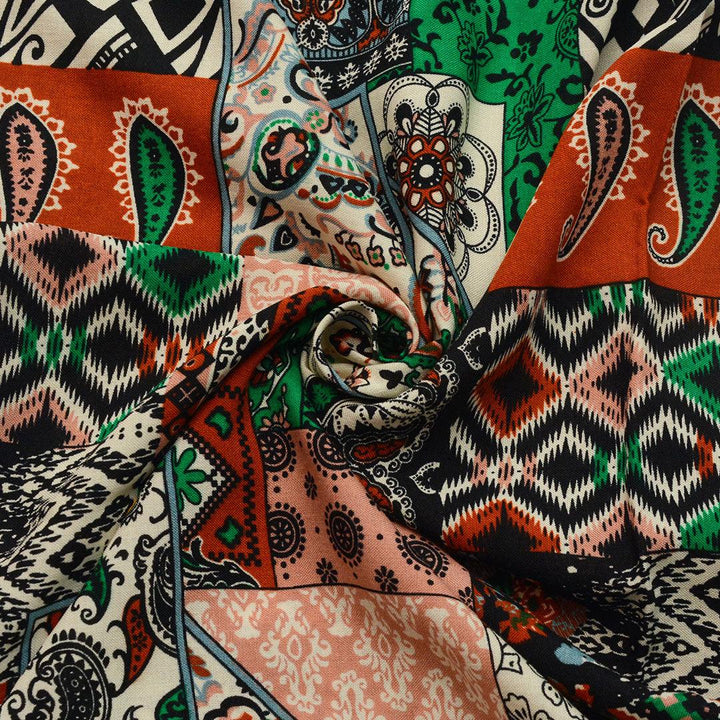 Wiskoza Drukowana Czerwono Zielone Wzory Orientalne - Textil World